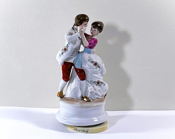 Vintage 1980's Musical Rotating Porcelain Sculpture, Couple Dancing, Tune: "Love Story". Hand Crafted & Painted. 8.5" T. Free US Shipping.