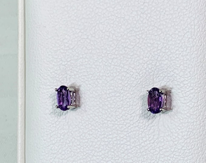 14K White Gold Purple Amethyst Studs, Oval Shape Faceted Natural Amethyst Gemstone 5X3 mm, .56 carat T.W, Basket Set, Free US Shipping.