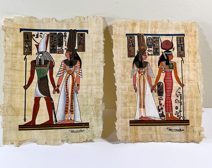 Two Vintage Hand Painted Egyptian Papyrus, Scenes From Queen Nefertari's Tomb, 9 x 7 inch, Authentic Egyptian. Signed, Free US Shipping.