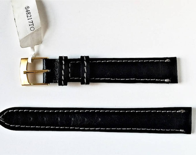 Vintage Tourbillon Genuine Leather Watch Band, 16 mm Lugs, Padded Stitched Water Resistant, Heavy Duty Thick Band, Black