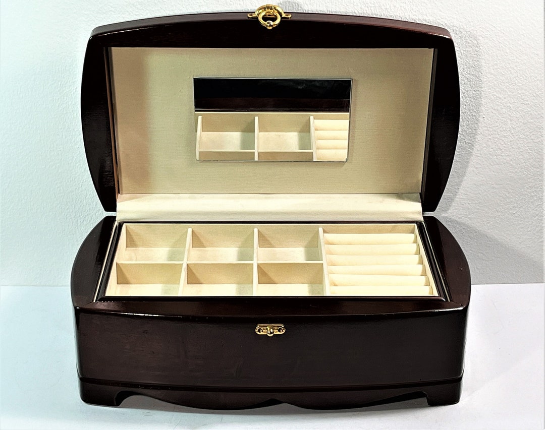 Vintage Large Mahogany Wood Jewelry Box, Piano Finish, Brass Hook Lock
