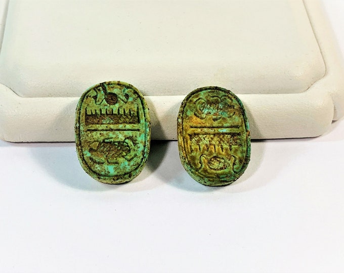 Two Vintage Ancient Egyptian Faience Personalizes Royal Seal Amulet, Fayum, Giza, Lower Egypt, 22 X 15.5 - 16 mm. Free US Shipping