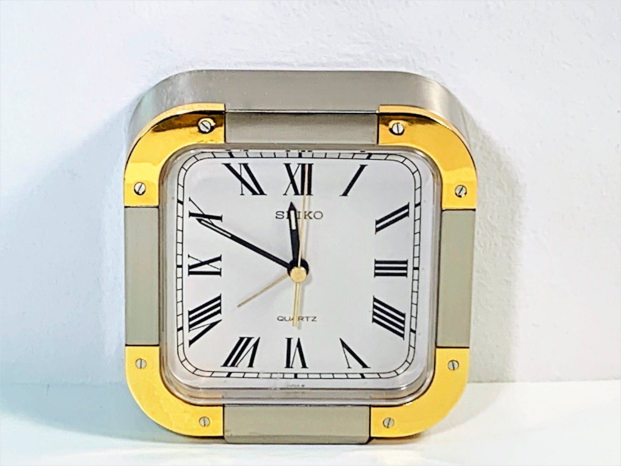 Seiko Japan Alarm Clock, Polished Brass & Brushed Steel, Model QP-275S.  Precision Quartz. Good as Mint. Serviced.  Sq. Free US Shipping