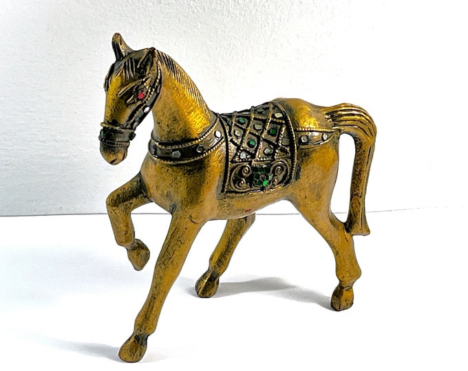 Vintage Egyptian Dancing Horse Sculpture Figure, Jeweled Like Eyes, Resin, 8” T, 7" Wide, Beautiful Details. Free US shipping.