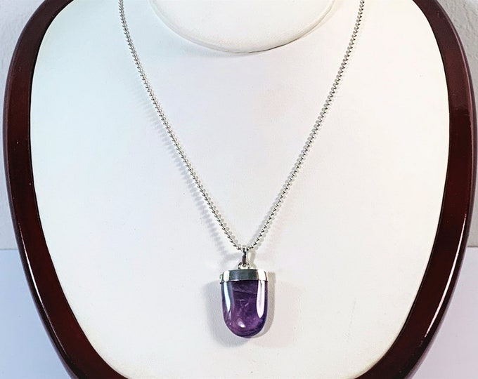 Vintage Sterling Silver & Natural Amethyst Necklace, Polished Unique Cut Amethyst 24X20X7mm. 18" Beaded Chain. IItaly. Free US Shipping.