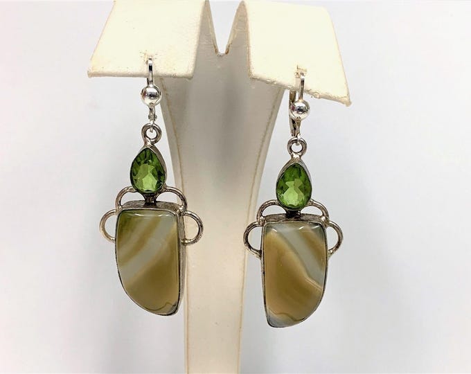 Vintage Large Sterling Silver Green Peridot and Natural Lace Agate Gemstones Dangle Earrings, Lever Backs, 2.25" long. Free US Shipping.