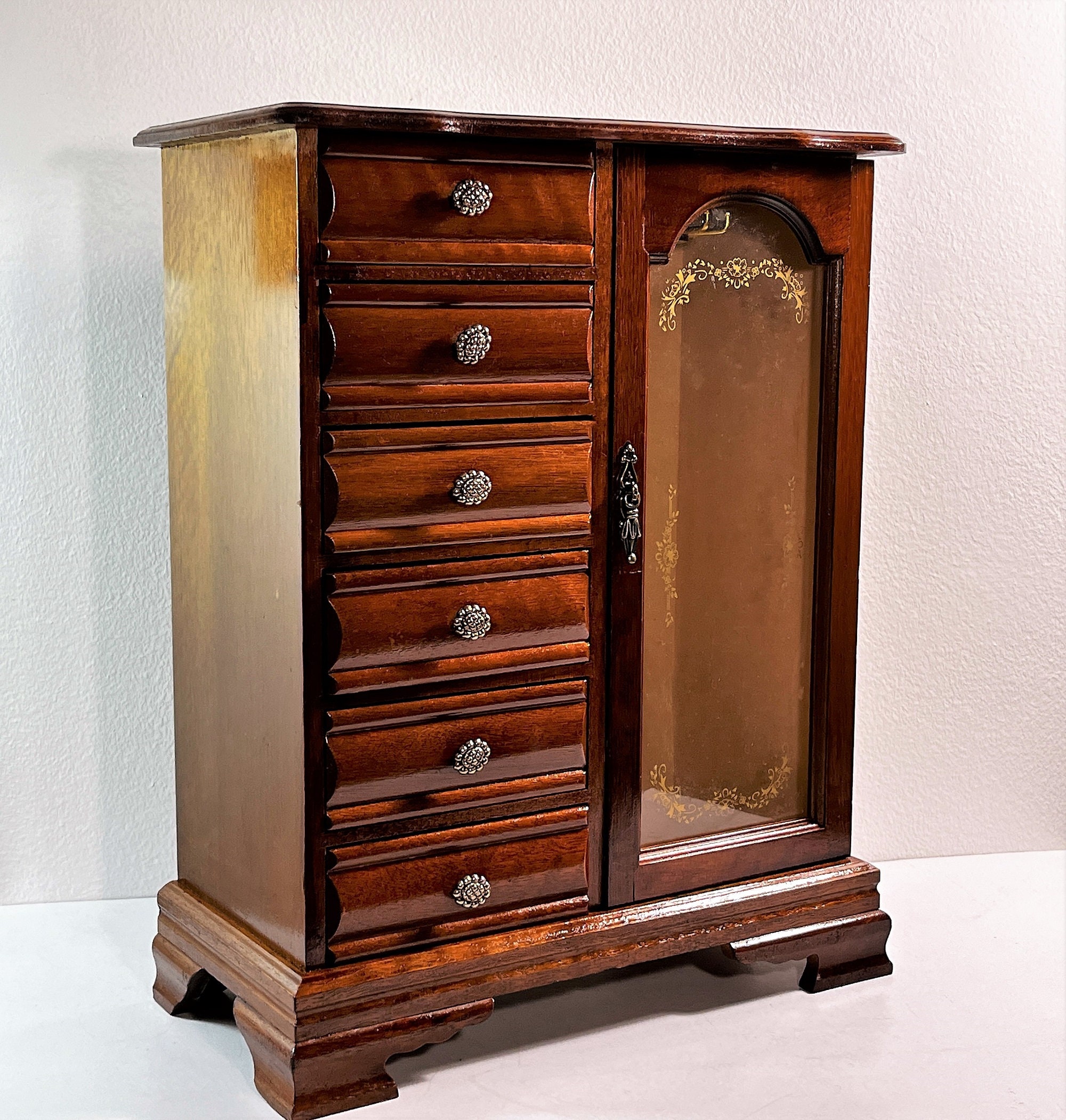 Vintage Walnut Wood Large Jewelry Armoire 16 T. 12.5 W. Carved