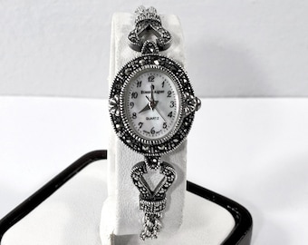Vintage Etienne Aigner™ Sterling Silver Marcasite Watch, Japan Quartz, MOP Dial, 21.10 Grams, 7" L. Signed. Full Overhaul. Free US Shipping