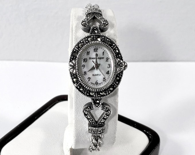 Vintage Etienne Aigner™ Sterling Silver Marcasite Watch, Japan Quartz, MOP Dial, 21.10 Grams, 7" L. Signed. Full Overhaul. Free US Shipping