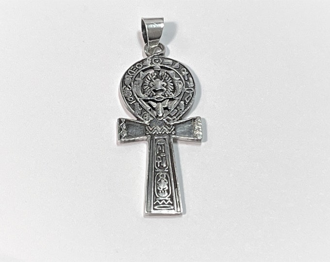 Antique Egyptian Silver Ankh, Embossed Scarabs & Hieroglyphic Scripts, Handmade in Egypt. 2" Long. 3/4" Wide. Polished. Free US Shipping