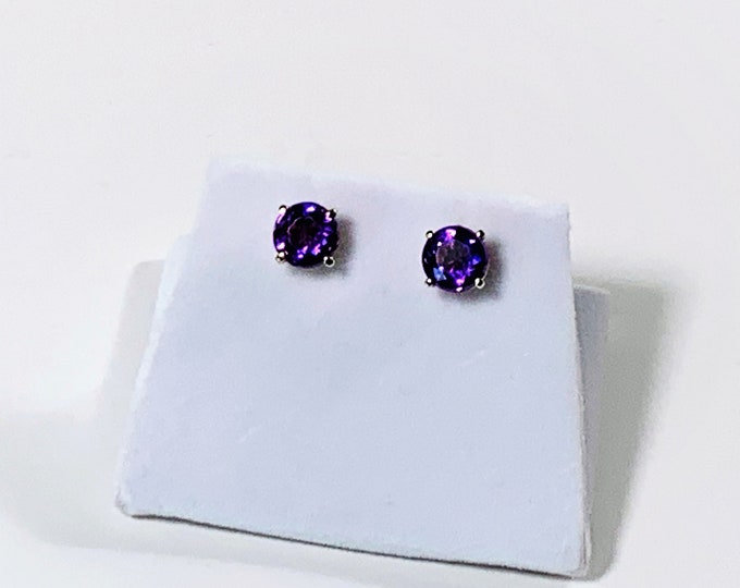 14K Yellow Gold Deep Purple Amethyst Studs, Round Brilliant Full Cut Genuine Amethyst 6.3 mm, 1.58 carat T.W. Free US Shipping.