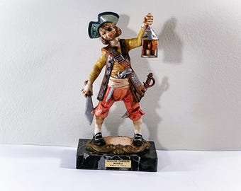 Genuine Carrara Marble Fontanini Clown Pirate Figurine, Holding Sword & Lantern, Made in Italy. Top Grade. 8.5" T. 4.25" W. Free US Shipping