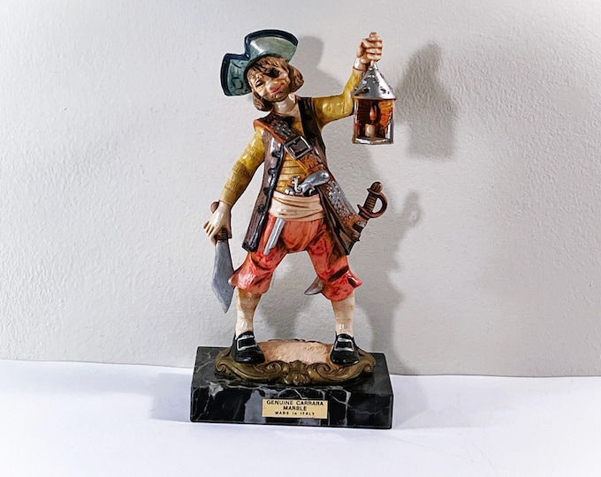 Genuine Carrara Marble Fontanini Clown Pirate Figurine, Holding Sword & Lantern, Made in Italy. Top Grade. 8.5" T. 4.25" W. Free US Shipping