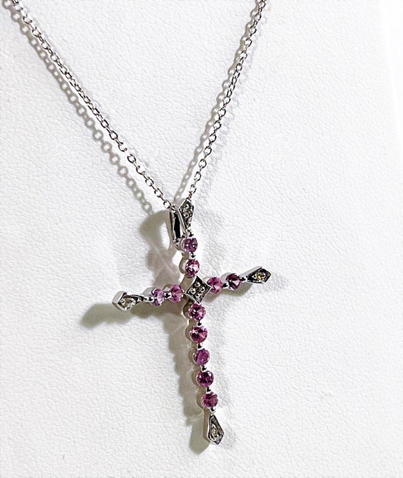 10K White Gold Pink Sapphire & Diamond Cross Neck… - image 4