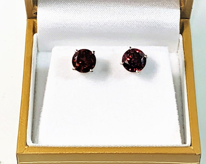 14K Solid White Gold Raspberry Garnet Studs, 7mm Round - 3.61 Carats Brilliant Gems, Basket Prongs Setting, Heavy Backs. Free US Shipping