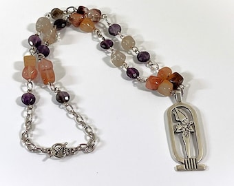 Vintage Egyptian Ritual Necklace, God 'Osiris' of Fertility & Resurrection, Sterling Silver and Semi-Precious Gems. 19" L. Free US Shipping.