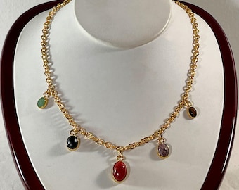 Vintage 1960"s 18K Gold Plated Carved Egyptian Scarab Necklace, 5 Gemstones Scarabs Drops, Bezel Set, 18" Rolo Link Chain. Free US Shipping