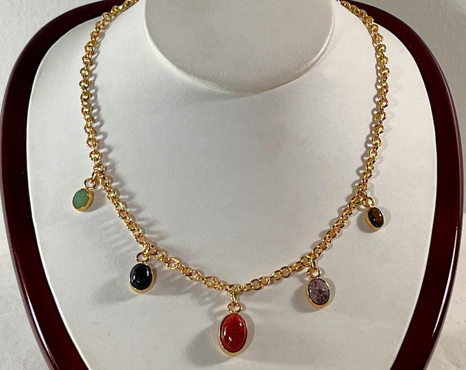 Vintage 1960"s 18K Gold Plated Carved Egyptian Scarab Necklace, 5 Gemstones Scarabs Drops, Bezel Set, 18" Rolo Link Chain. Free US Shipping
