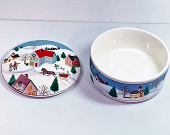 Vintage Mikasa Holiday Village Porcelain Trinket Jewelry Box, UT070/683 Japan, 5" Round, Very Colorful, Mint Condition, Free US Shipping.