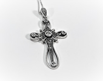 Vintage Sterling Silver Large Marcasite Cross Necklace, 2" Long. 18" Italy Box Chain, Clear Faceted Round CZ, Refinished. Free US Shipping.
