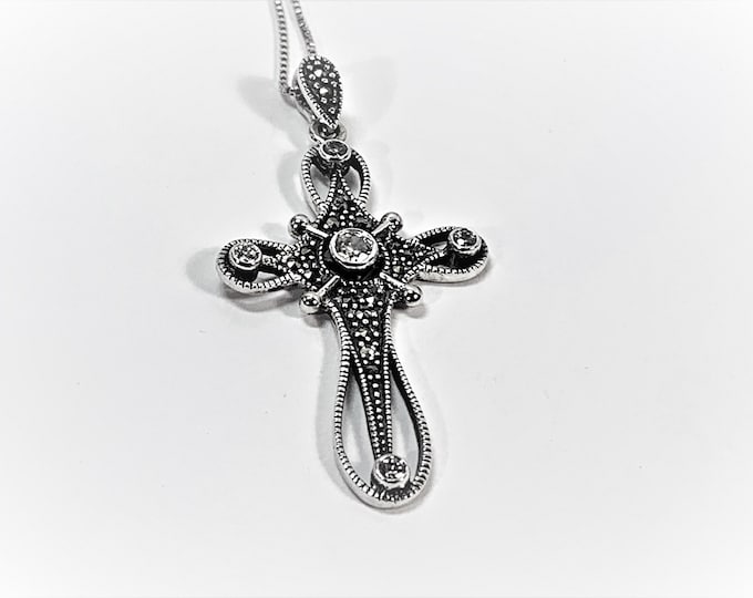 Vintage Sterling Silver Large Marcasite Cross Necklace, 2" Long. 18" Italy Box Chain, Clear Faceted Round CZ, Refinished. Free US Shipping.