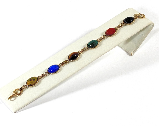 Vintage Amco™ 14K Gold Filled Gemstone Scarabs Bracelet, 6 Carved Natural Gems 14X10mm,  12.20 Grams, 7.5" L. Signed. Free US Shipping.