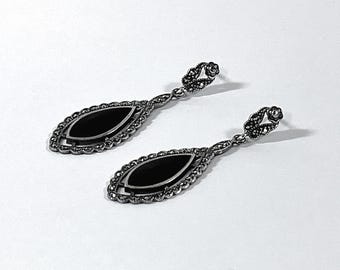 Vintage Sterling Silver Black Onyx Long Dangle Earrings,  2 1/8" - 55mm long, 8 Grams. Refinished. Free US Shipping