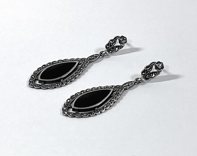 Vintage Sterling Silver Black Onyx Long Dangle Earrings,  2 1/8" - 55mm long, 8 Grams. Refinished. Free US Shipping