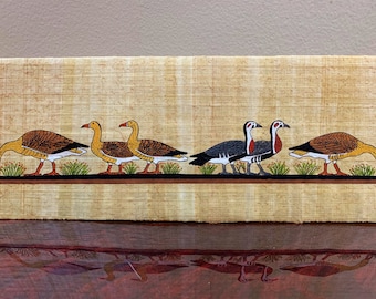 Vintage Hand Painted Egyptian Papyrus, The Famous Meidum Geese, 17 X 4 1/2 inch.  42 x 12 cm.