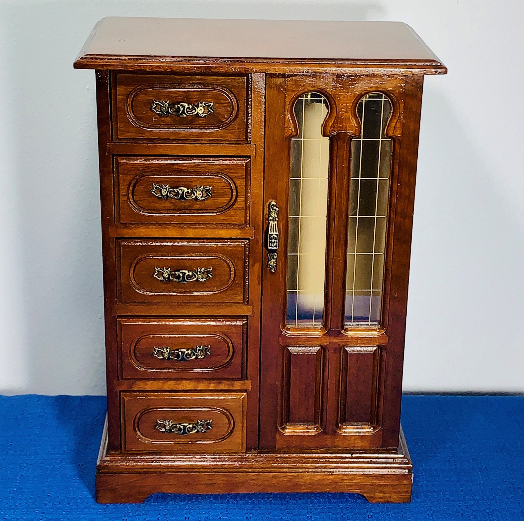 Vintage Solid Wood Jewelry Armoire, Ornate Carved Door W/Rings Tray, 5