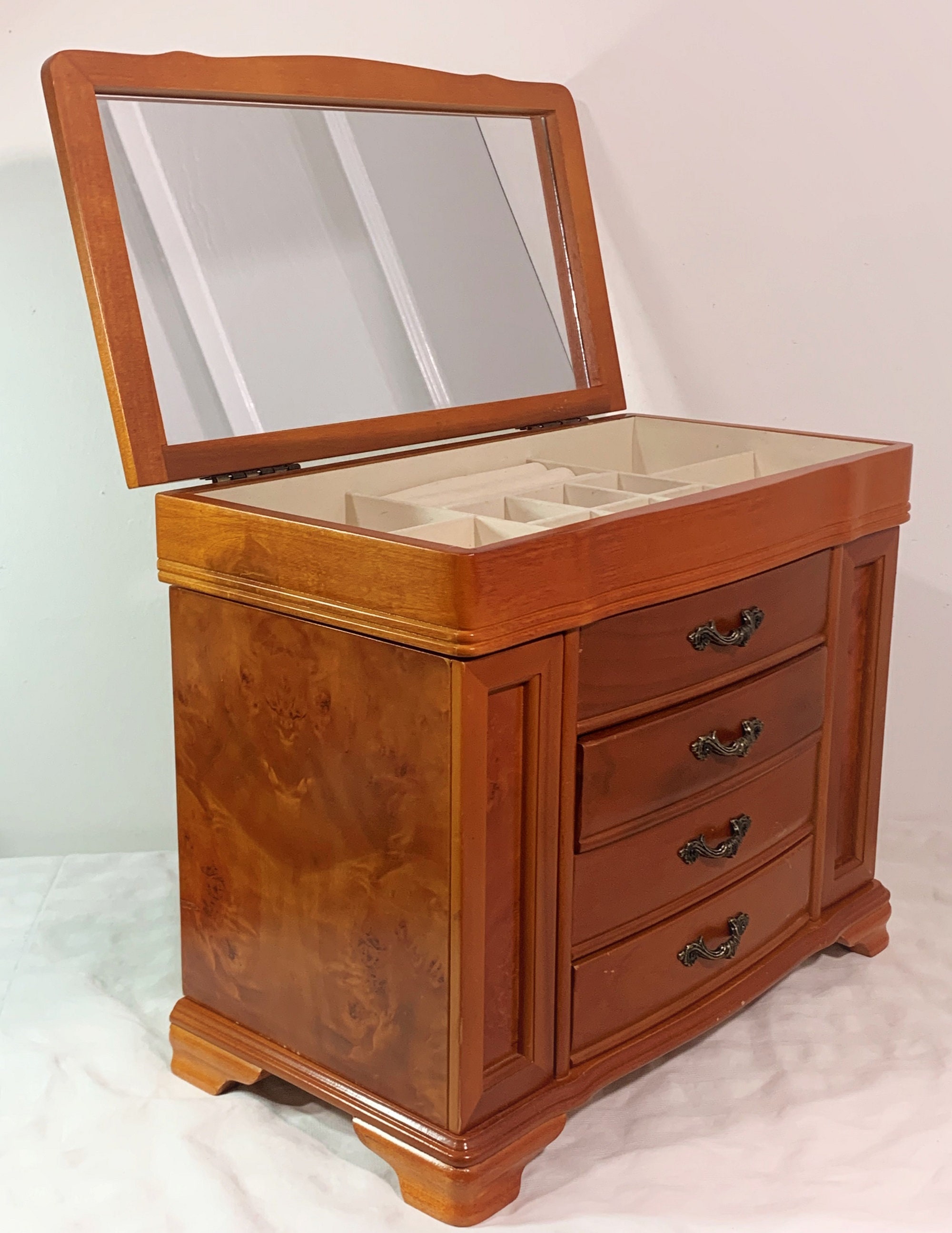 Vintage Super Large Burl Wood Jewelry Armoire, Hinged Lid W/Large