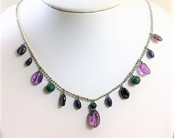 Amethyst Garnet Malachite and Blue Apetite Dangles, Polished Gems. Sterling Silver Ball Bead Necklace, 16" + 2" Extension. Free US Shipping.