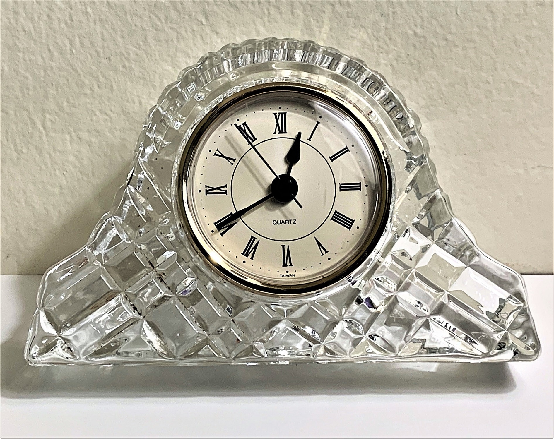 Vintage 24 Lead Crystal Mantle Clock, Hand Cut Deep Fine Crystal Block