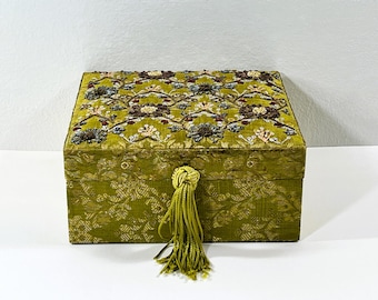 Wood Patterned Fabric Case Jewelry Box, Threaded Jeweled Flowers Top, Satin Lining, Mirror, Tray, 7" Square, 3.25" H. Free US Shipping.