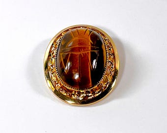 Vintage 1950's Catamore™ 12K Gold Filled Large Tiger's Eye Gemstone Scarab Brooch. Carved Gem 24X18mm. 33mm L. 26.5mm W. Free US Shipping.