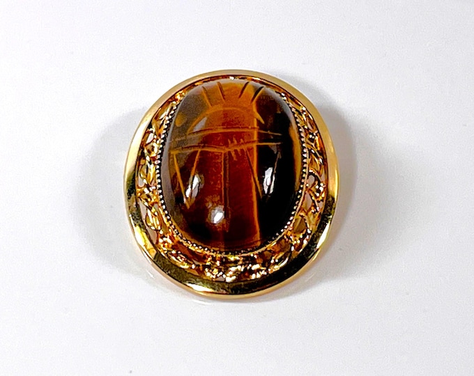 Vintage 1950's Catamore™ 12K Gold Filled Large Tiger's Eye Gemstone Scarab Brooch. Carved Gem 24X18mm. 33mm L. 26.5mm W. Free US Shipping.