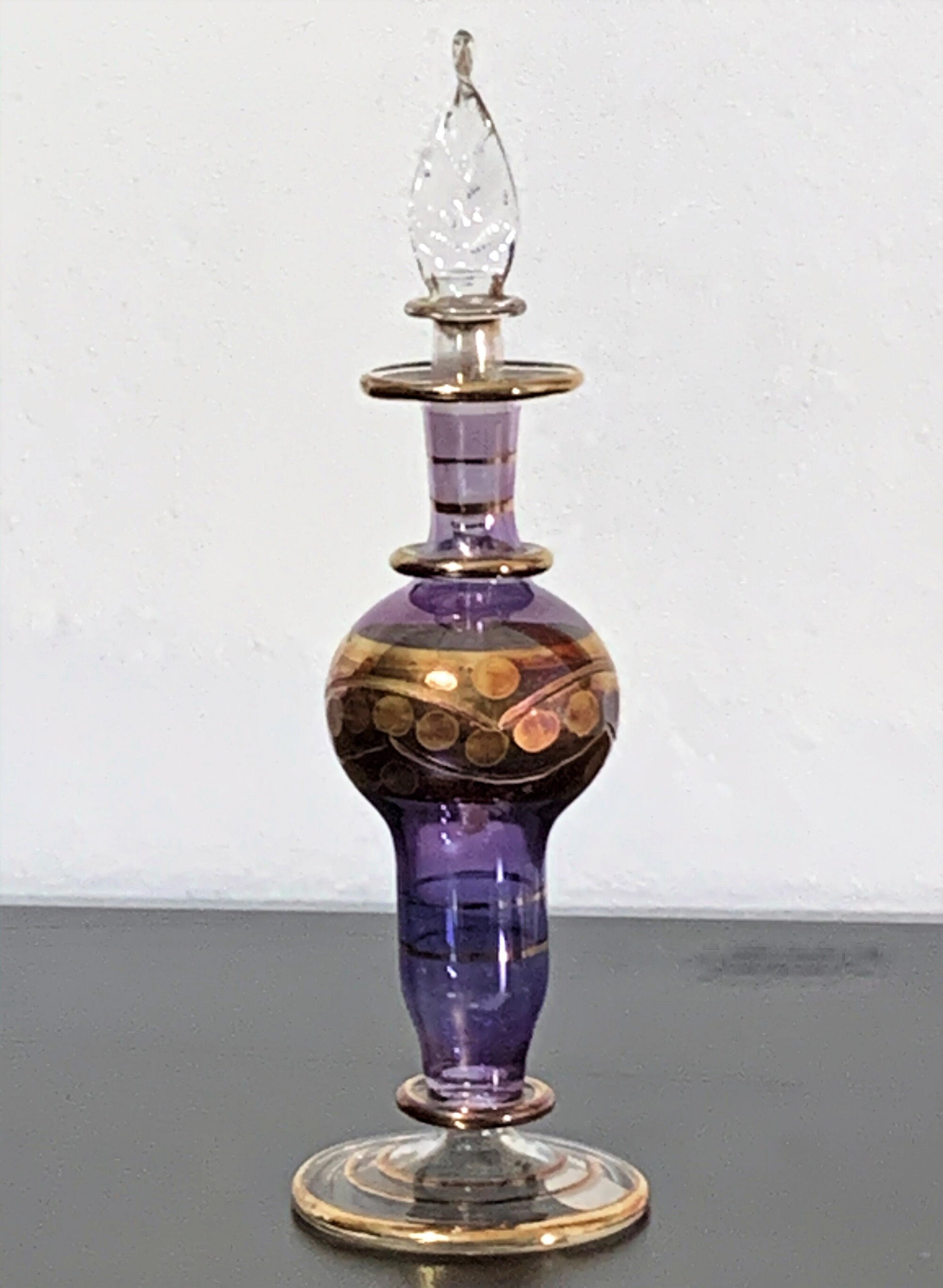 Vintage EGYPTIAN Hand Blown Glass Perfume Bottle, Etched Pattern