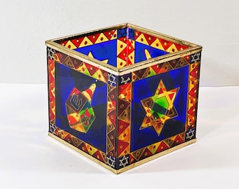 Vintage Judaica Colorful Stained Glass Box, Star of David on 2 Sides & Dreidel on the others. 4" Square, Good Condition, Free US Shipping.