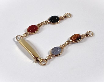VTG 1950's Van Dell™ 12K Gold Filled Scarabs Watch Band. 4 Carved Natural Gemstone 9X7mm. Loop Ends, Fold Clasp. 5.6" L. Free US Shipping