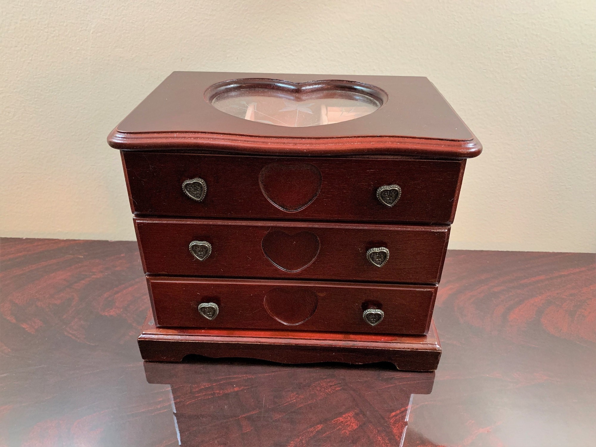 Vintage Wood Jewelry Box,Hand Crafted, Heart Shape Window with Etched