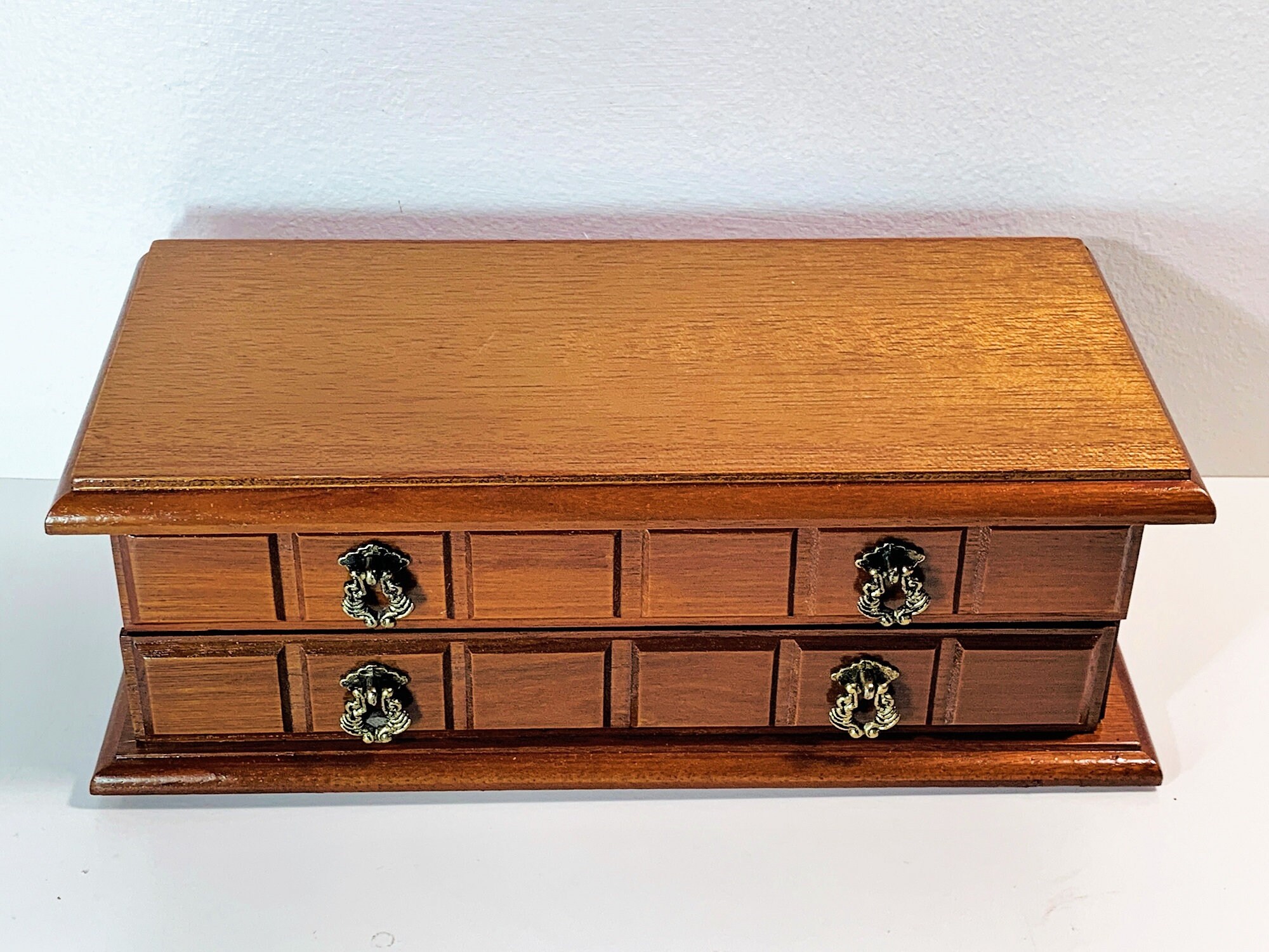 Powell® Red Oak Wood Jewelry Box, Hinged Top W/ Mirror, 18 Padded Sections, Drawer, 10.5 W. 5 L