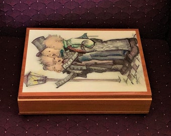Vintage Reuge Sainte Croix Swiss Music Box, Tune: "Aquarius", Hummel Art, Varnished Wood, Handmade in Italy,  11" W, 8" L. Free US Shipping