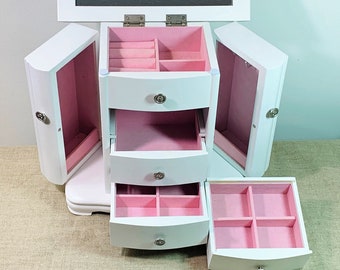 Vintage Wood Jewelry Armoire Chest, Side Doors W/ Padded Walls & Hangers, 3 Drawers, Mirror, 10" Tall, 10" Wide, White. Free US Shipping