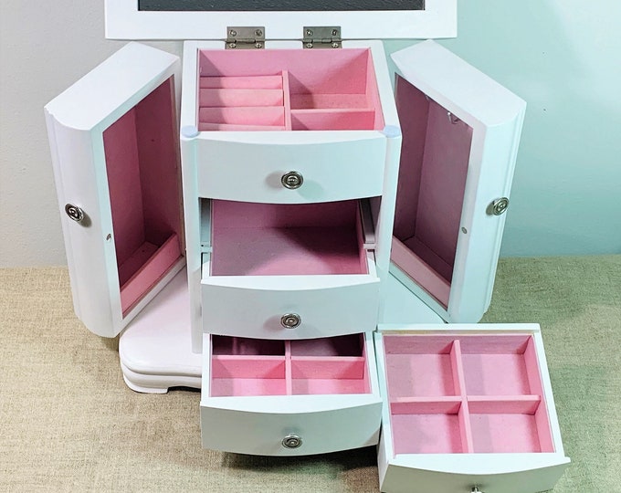 Vintage Wood Jewelry Armoire Chest, Side Doors W/ Padded Walls & Hangers, 3 Drawers, Mirror, 10" Tall, 10" Wide, White. Free US Shipping