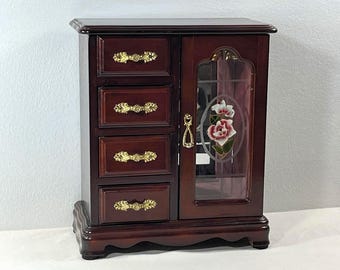 Vintage Red Mahogany Jewelry Armoire, Floral Glass Door, Hangers, Mirror, 4 Drawers, Rings Drawer,10" Tall, 9" W. Restored. Free US Shipping