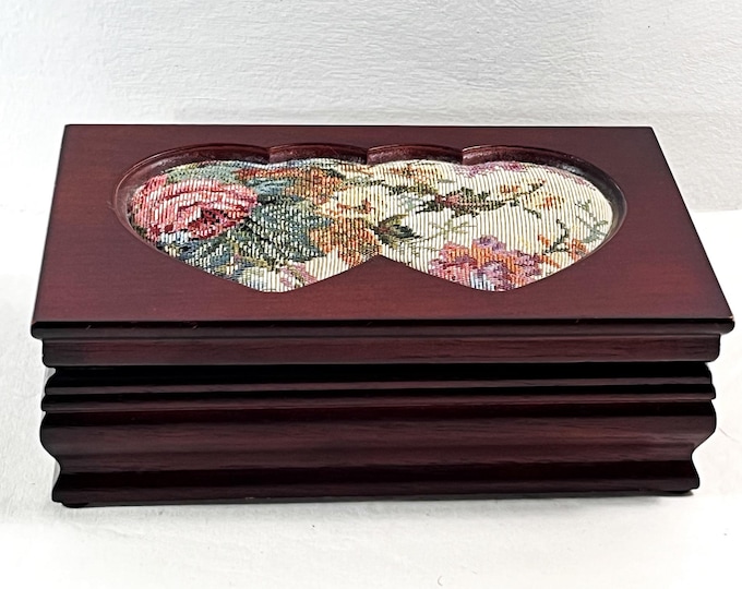 Vintage Carved Wood Jewelry Box, Twin Heart Floral Canvas Top, Rings Section, Large Mirror. 9" W. 5.5" L. Restored, Free US Shipping
