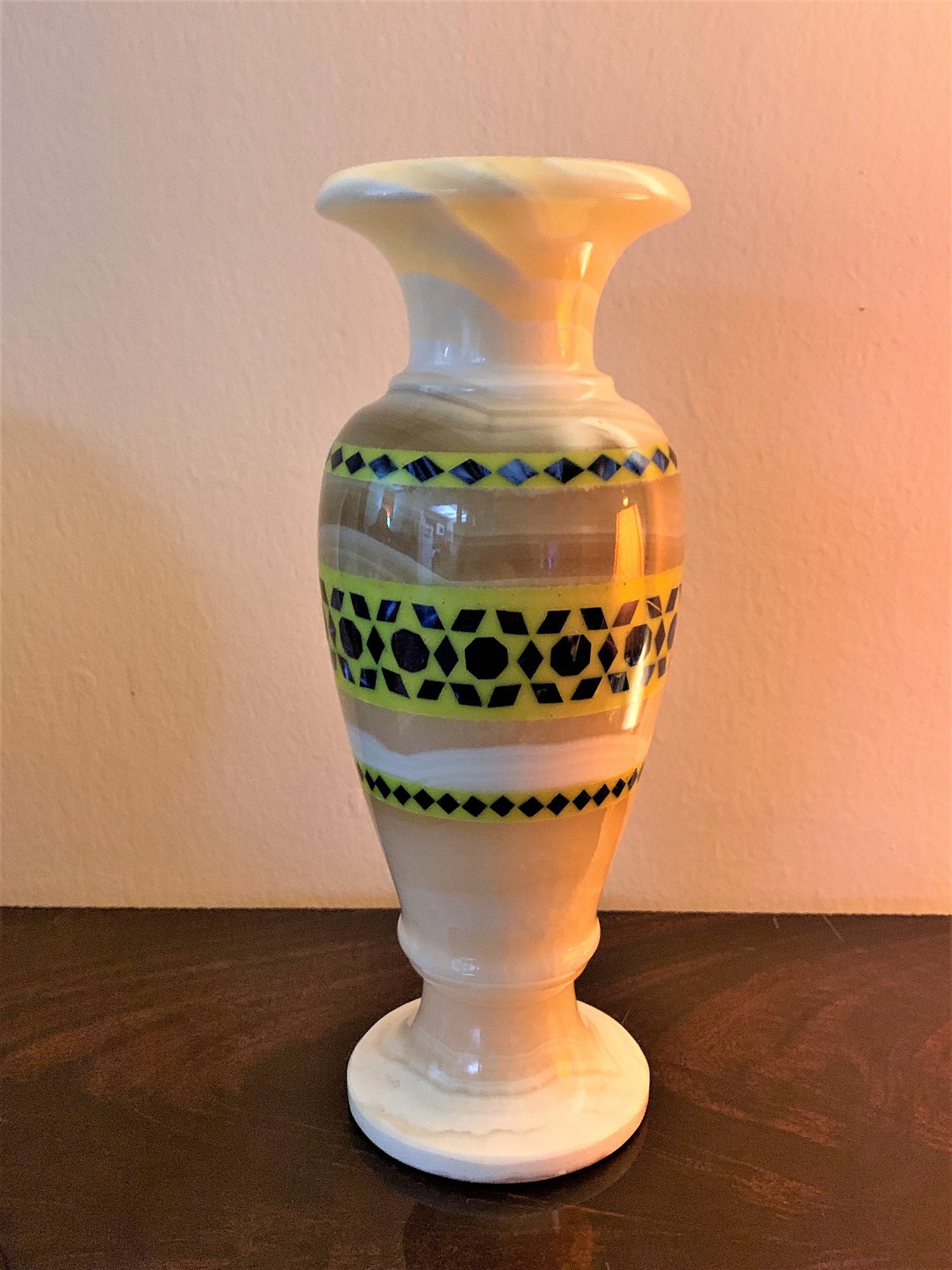 Vintage Hand Made Egyptian Alabaster Vase Inlaid Different Colors