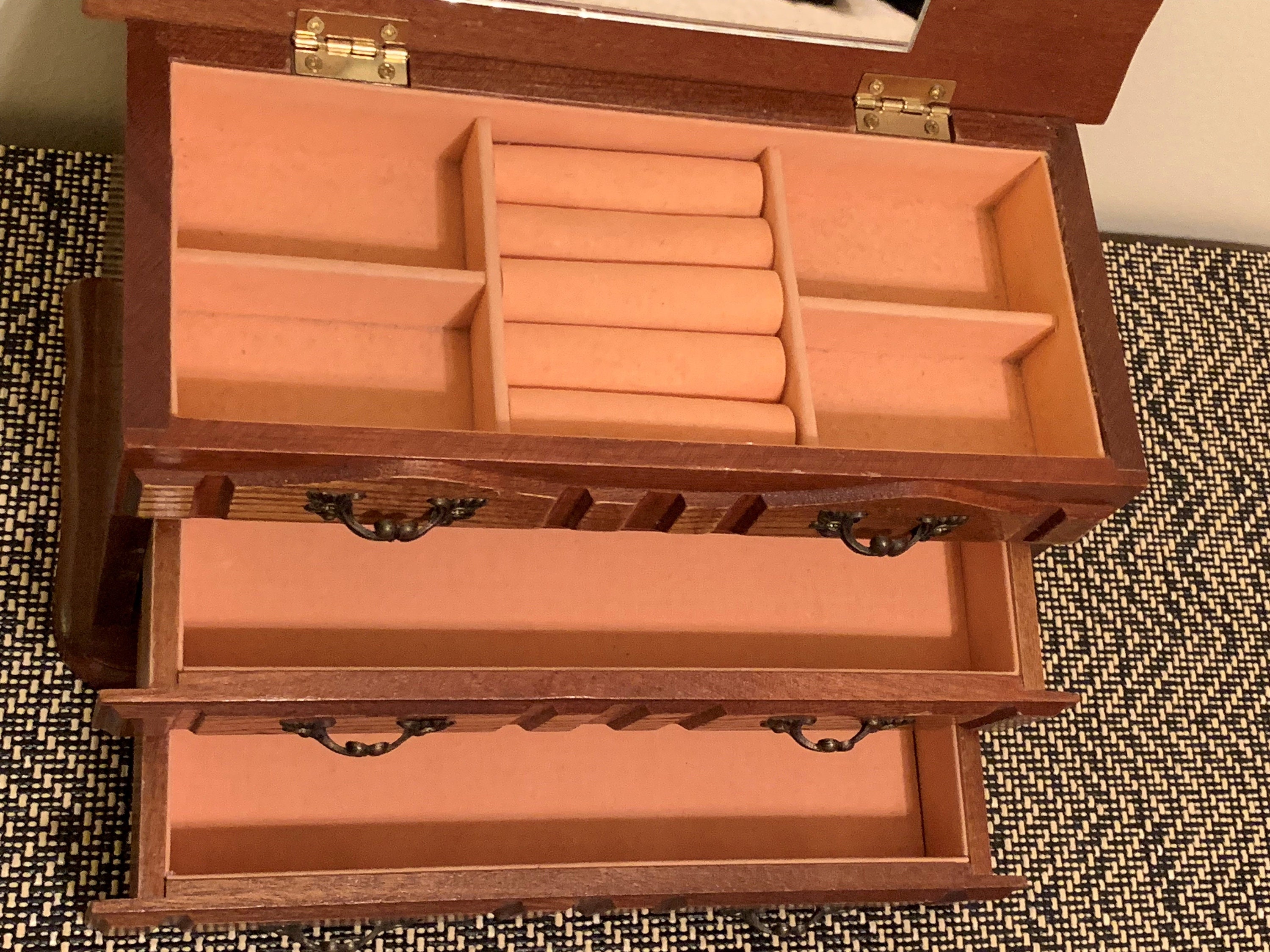 Vintage Solid Wood Jewelry Box,Hand Crafted, Mirror, Padded