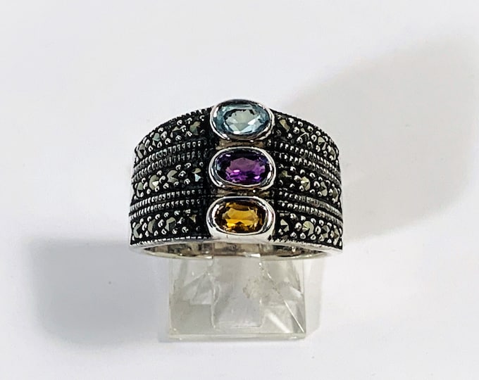 Vintage Sterling Silver Marcasite & 3 Gemstones Ring, Amethyst, Aqua and Citrine, 13mm Wide Top, Size 7- 7 1/4 US. 7.60 G. Free US Shipping