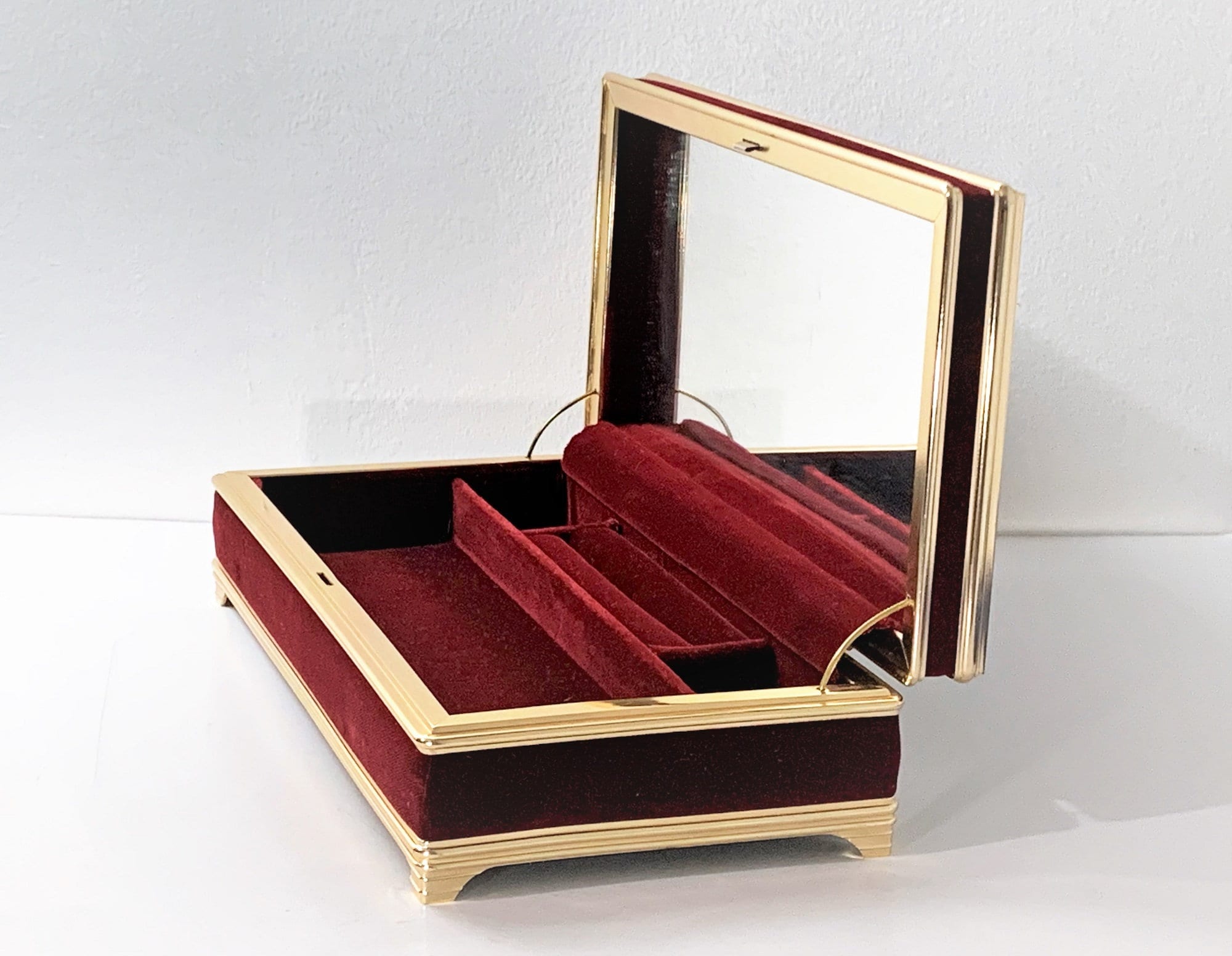 Luxurious Velvet and Gold Tone Metal Jewelry Box, Hinged Lid W/Mirror